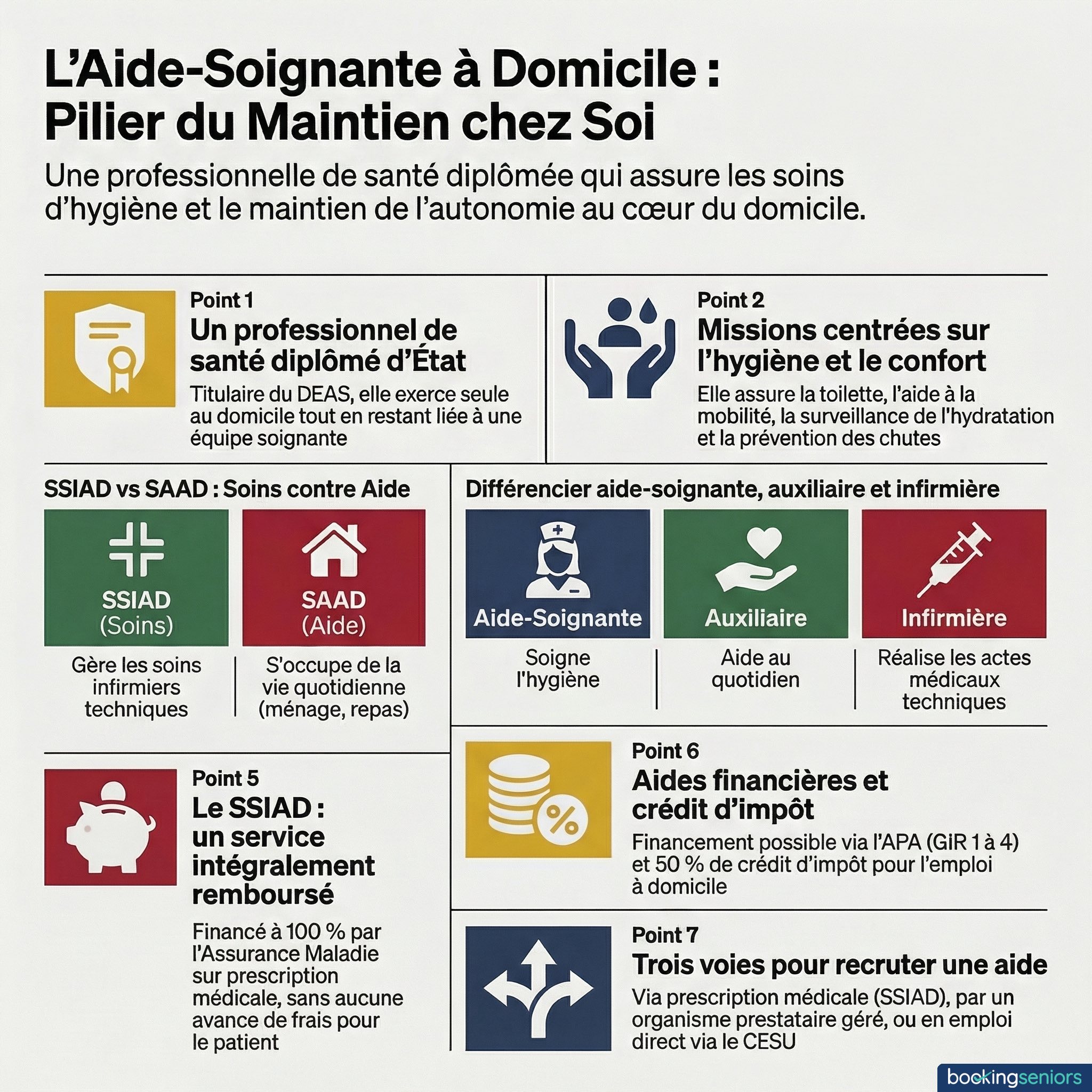 Infographie aide-soignante a domicile : missions, SSIAD, couts et demarches