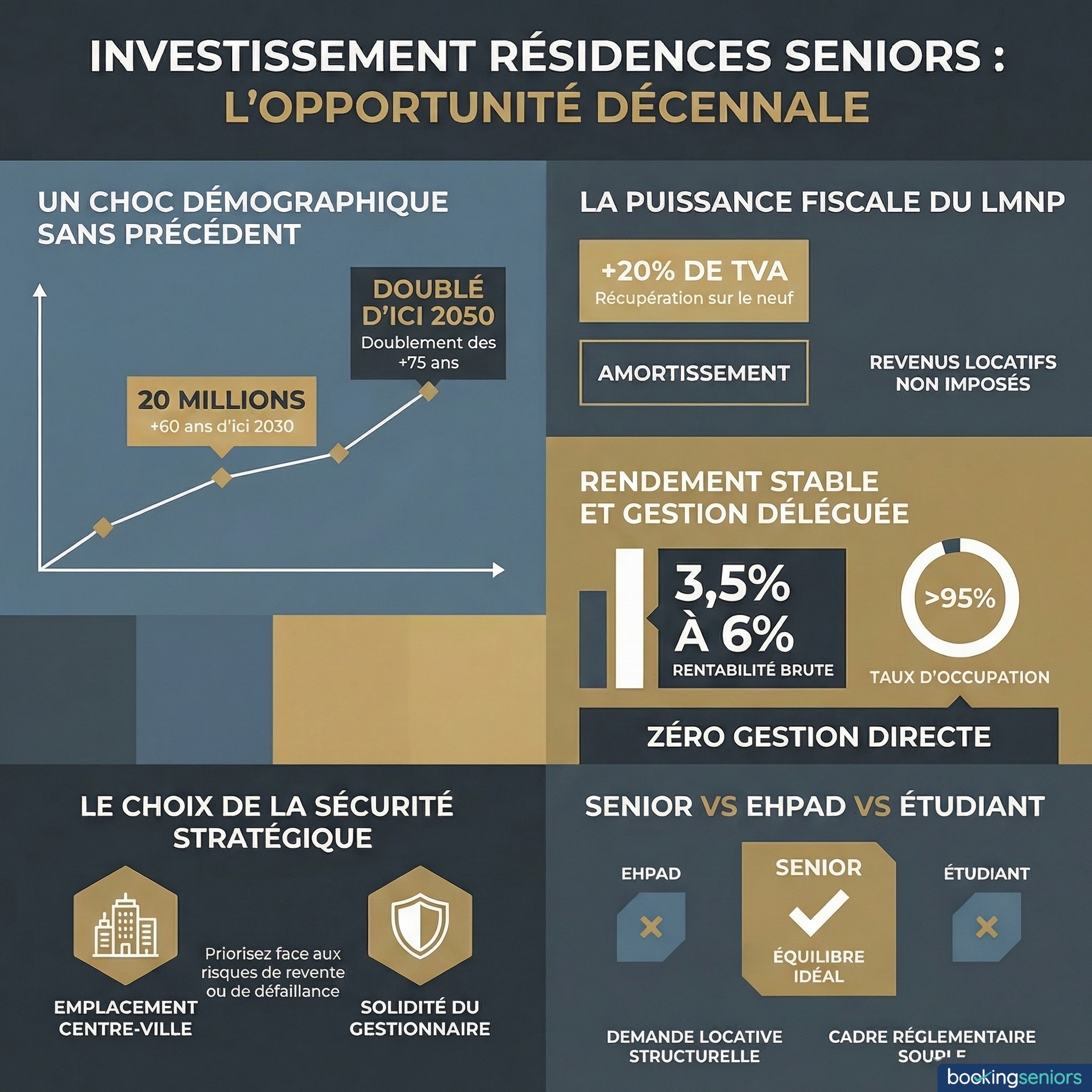 Infographie investissement résidence senior : démographie, fiscalité LMNP, rentabilité et critères de choix